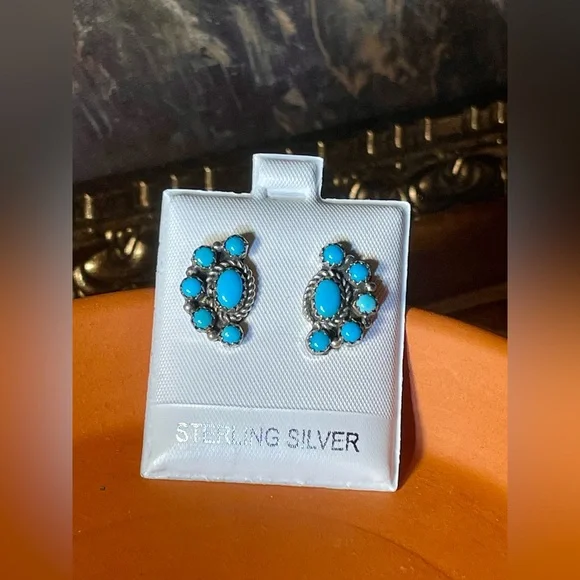 New Vintage Genuine Sleeping Beauty Turquoise Artisan Sterling Silver Earrings - Picture 5 of 11
